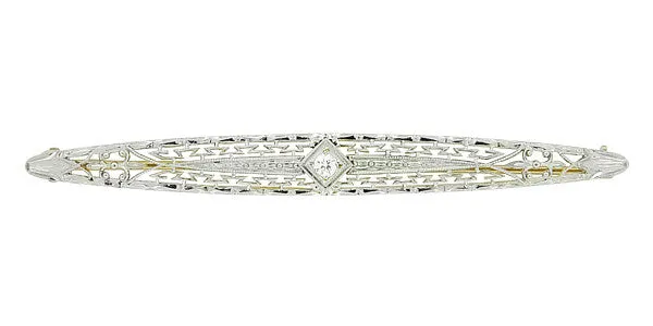 Krementz Art Deco Filigree Diamond Antique Engraved Bar Brooch in Mixed Metal 14K Yellow Gold and Platinum