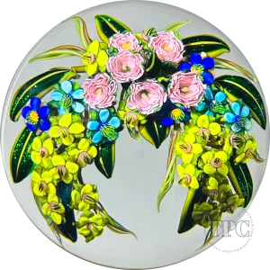 Large Ken Rosenfeld 2011 Glass Art Paperweight Flamework Draped Flower Garland with Pick Clichy Roses