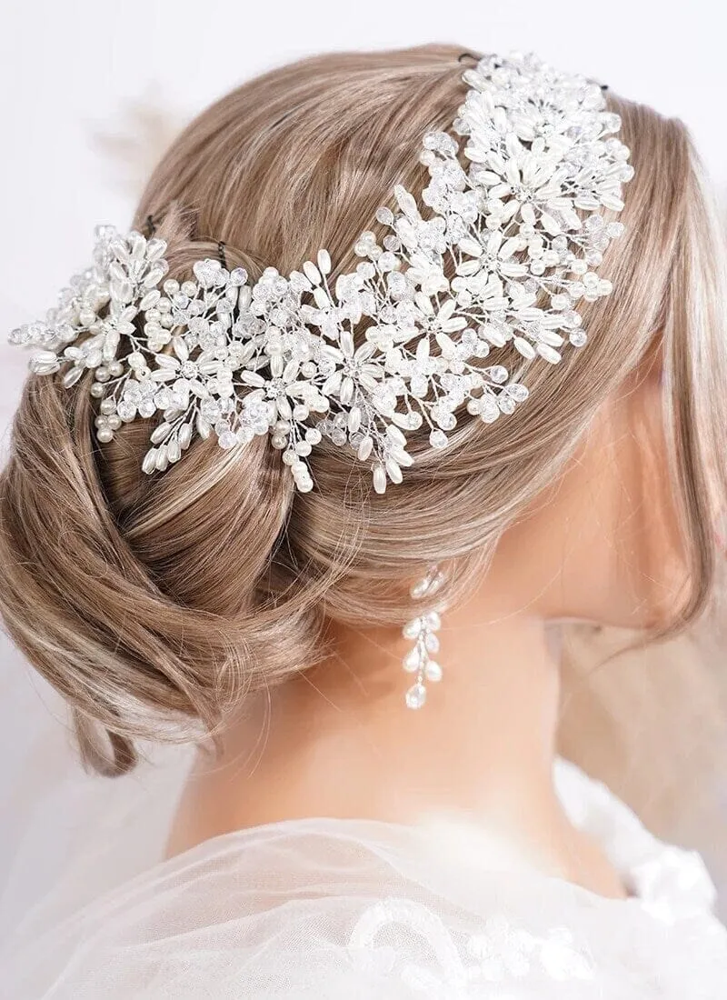 Large Pearl Flower Bridal Headband, Wedding Pearl Head Wreath, Bridal Floral Hair Vine or Dangle Earrings for Bride