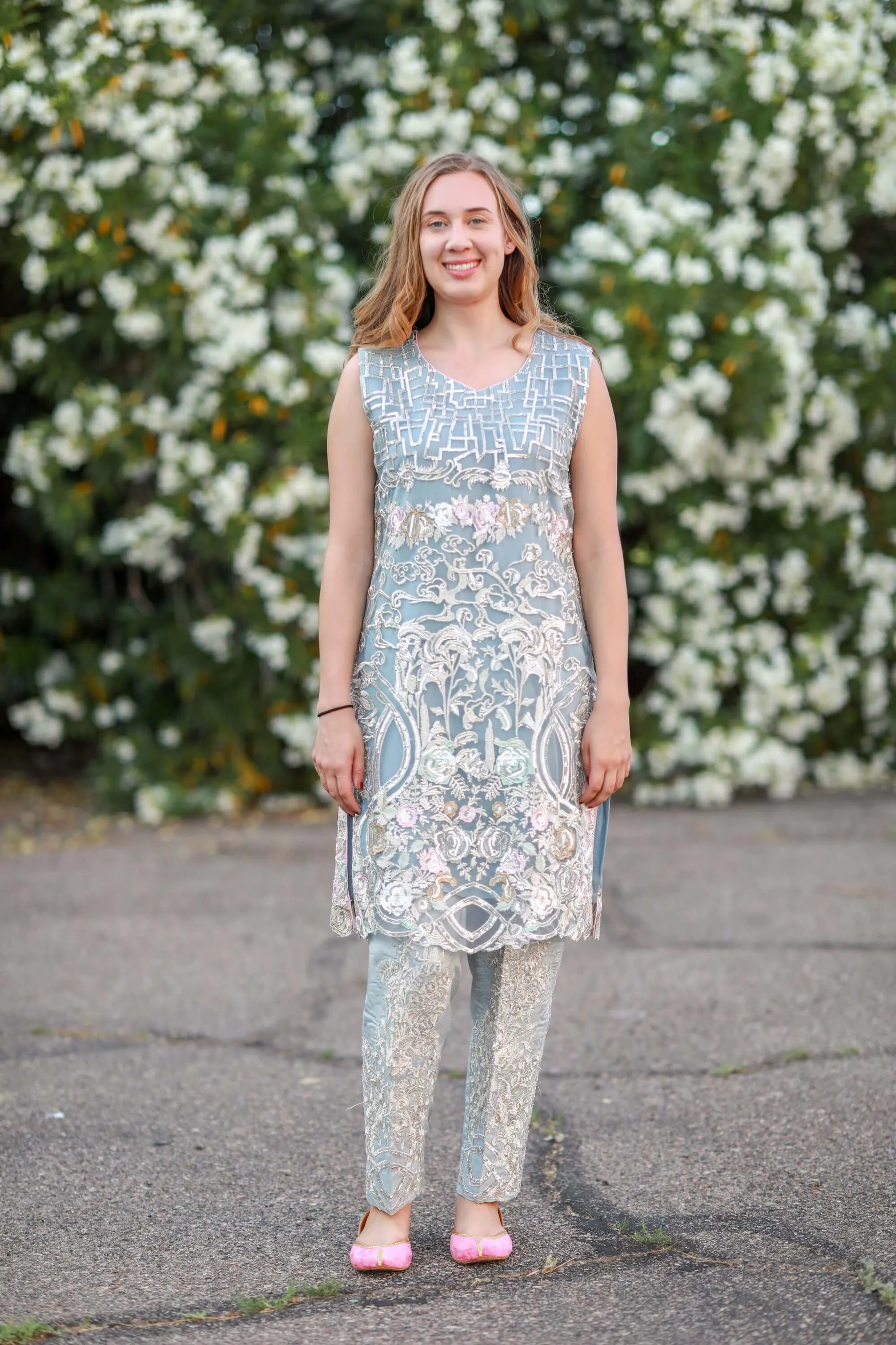 Light Blue Chiffon Salwar Kameez Suit Decorated With Sequins