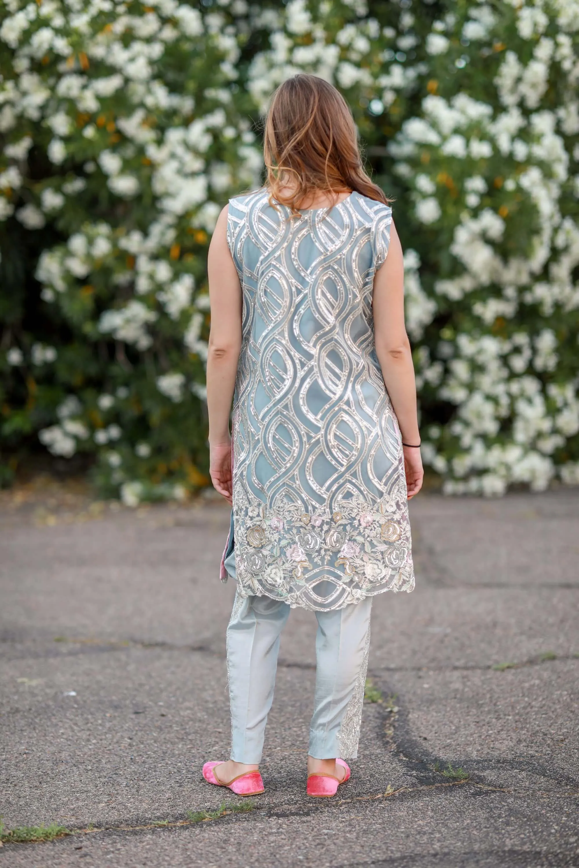 Light Blue Chiffon Salwar Kameez Suit Decorated With Sequins