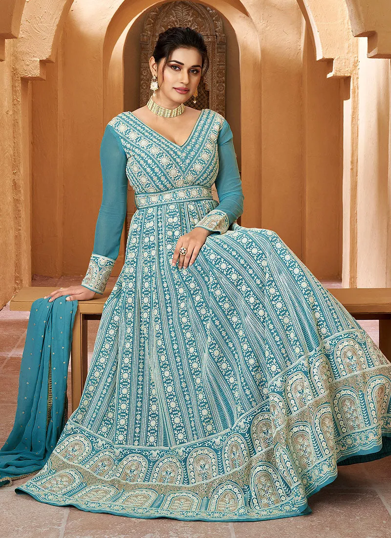 Light Blue Floral Embroidered Kalidar Anarkali