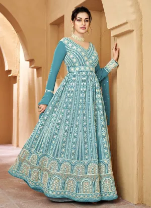 Light Blue Floral Embroidered Kalidar Anarkali
