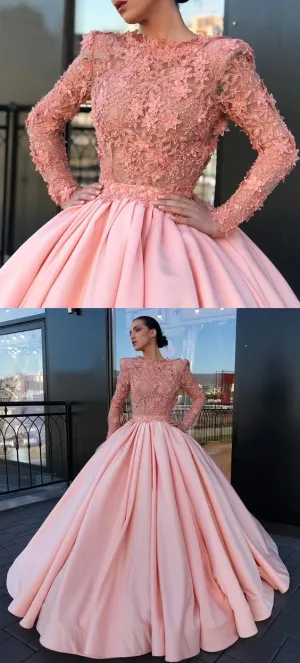 long sleeve lace ball gown prom dresses 2020 pink 3d flowers elegant satin luxury prom gown