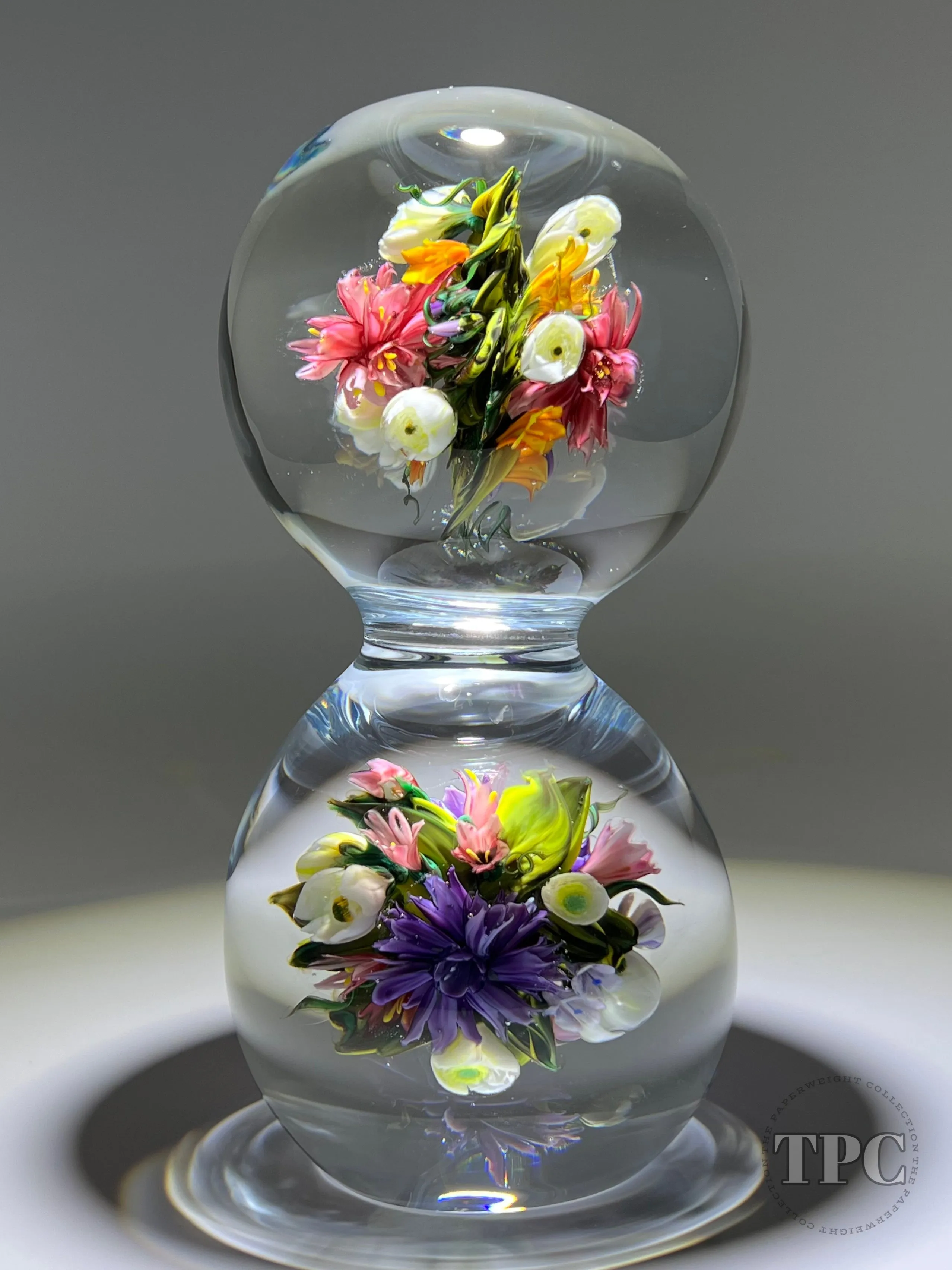 Melissa Ayotte Glass Art Sculpture Stacked Double Orb Hourglass with All Around Flamework Flowers