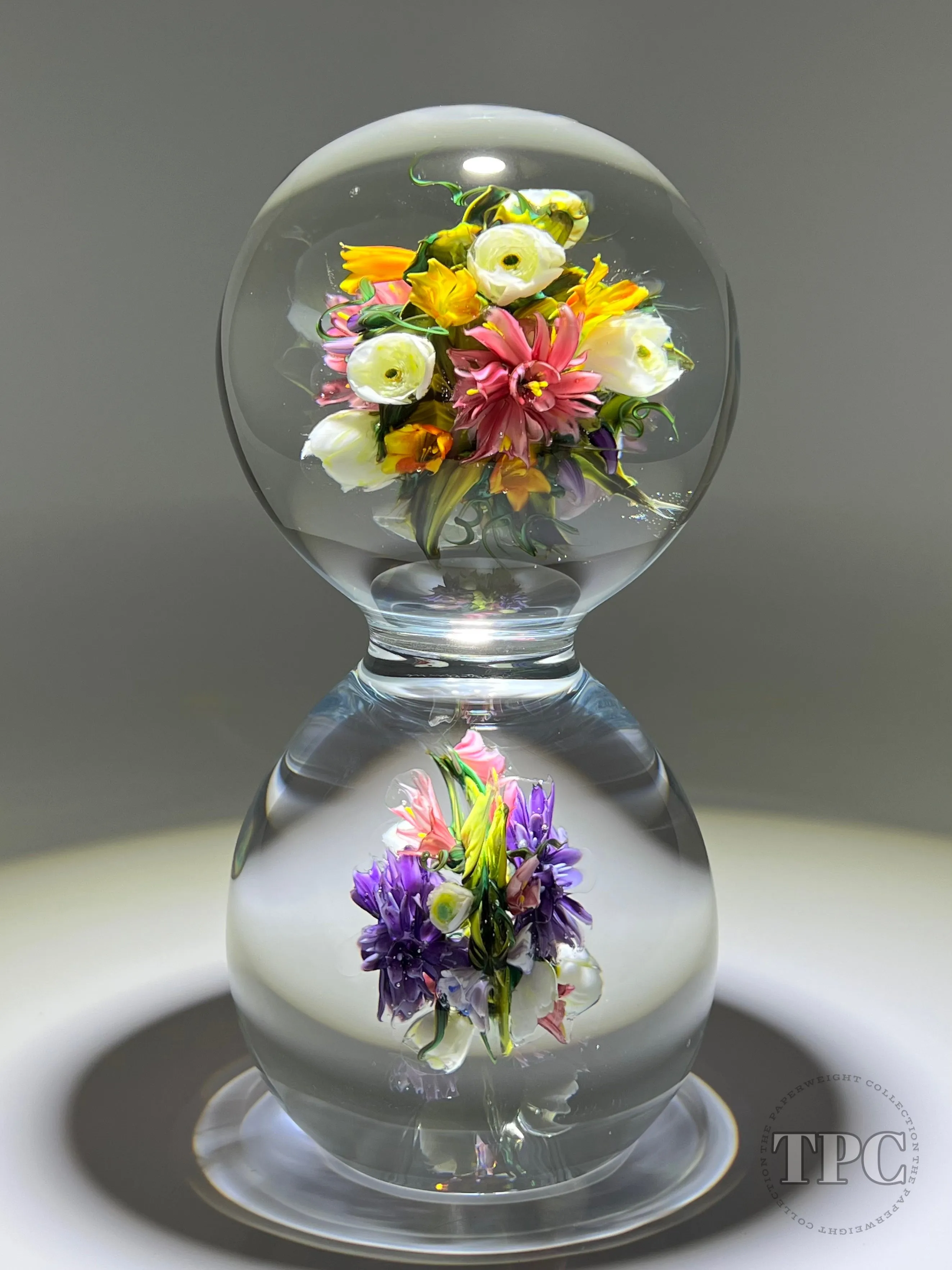 Melissa Ayotte Glass Art Sculpture Stacked Double Orb Hourglass with All Around Flamework Flowers