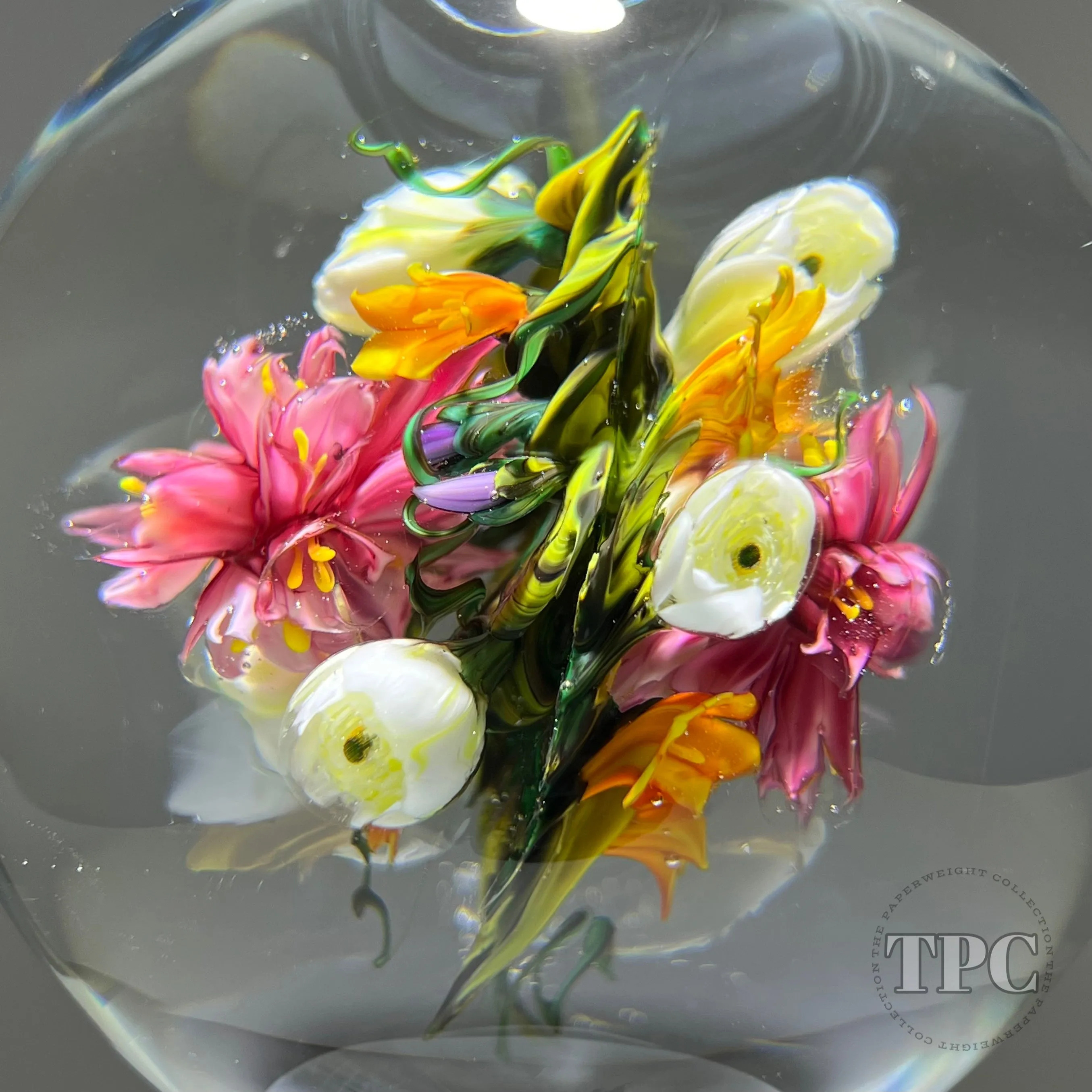 Melissa Ayotte Glass Art Sculpture Stacked Double Orb Hourglass with All Around Flamework Flowers