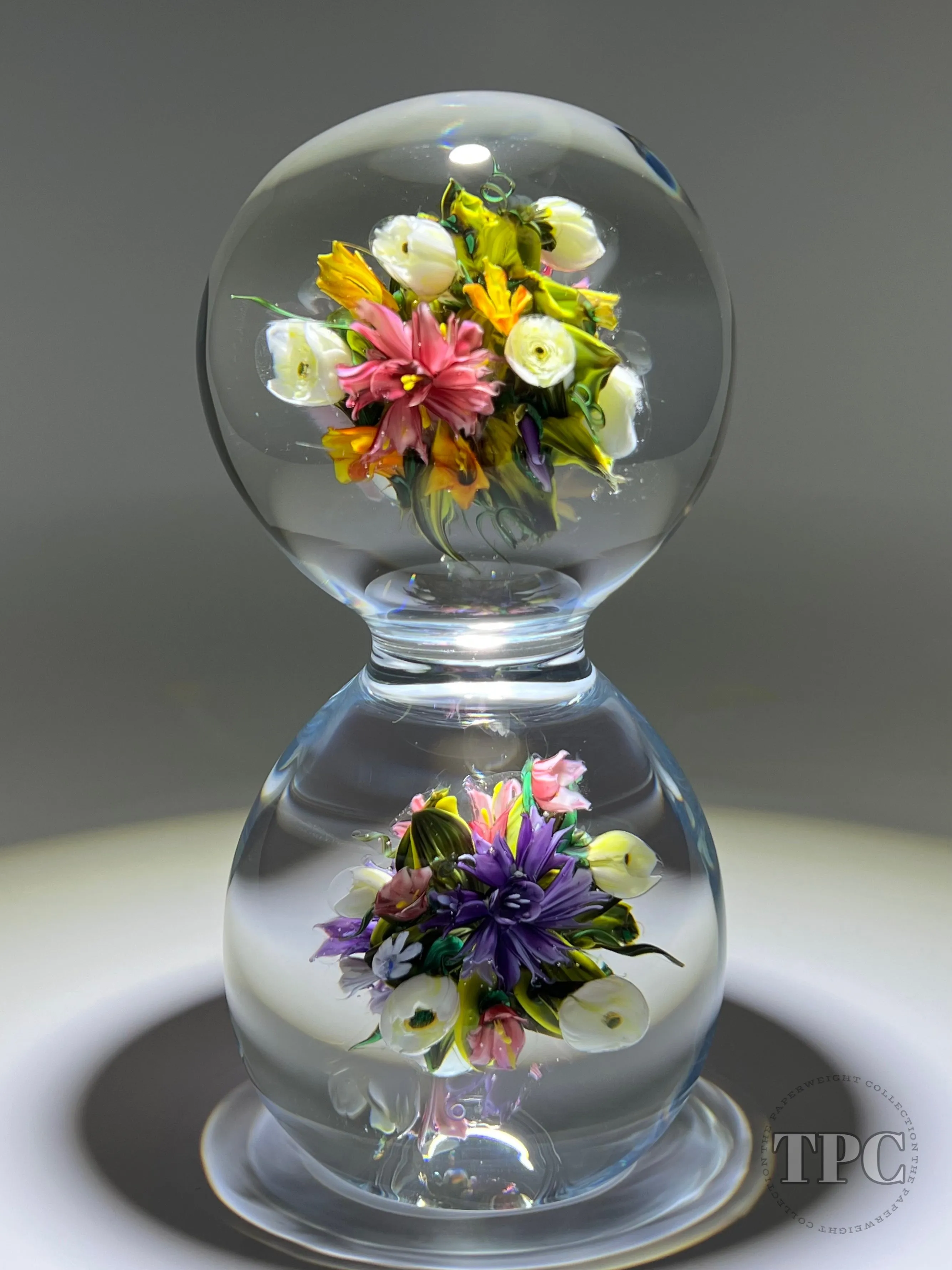 Melissa Ayotte Glass Art Sculpture Stacked Double Orb Hourglass with All Around Flamework Flowers