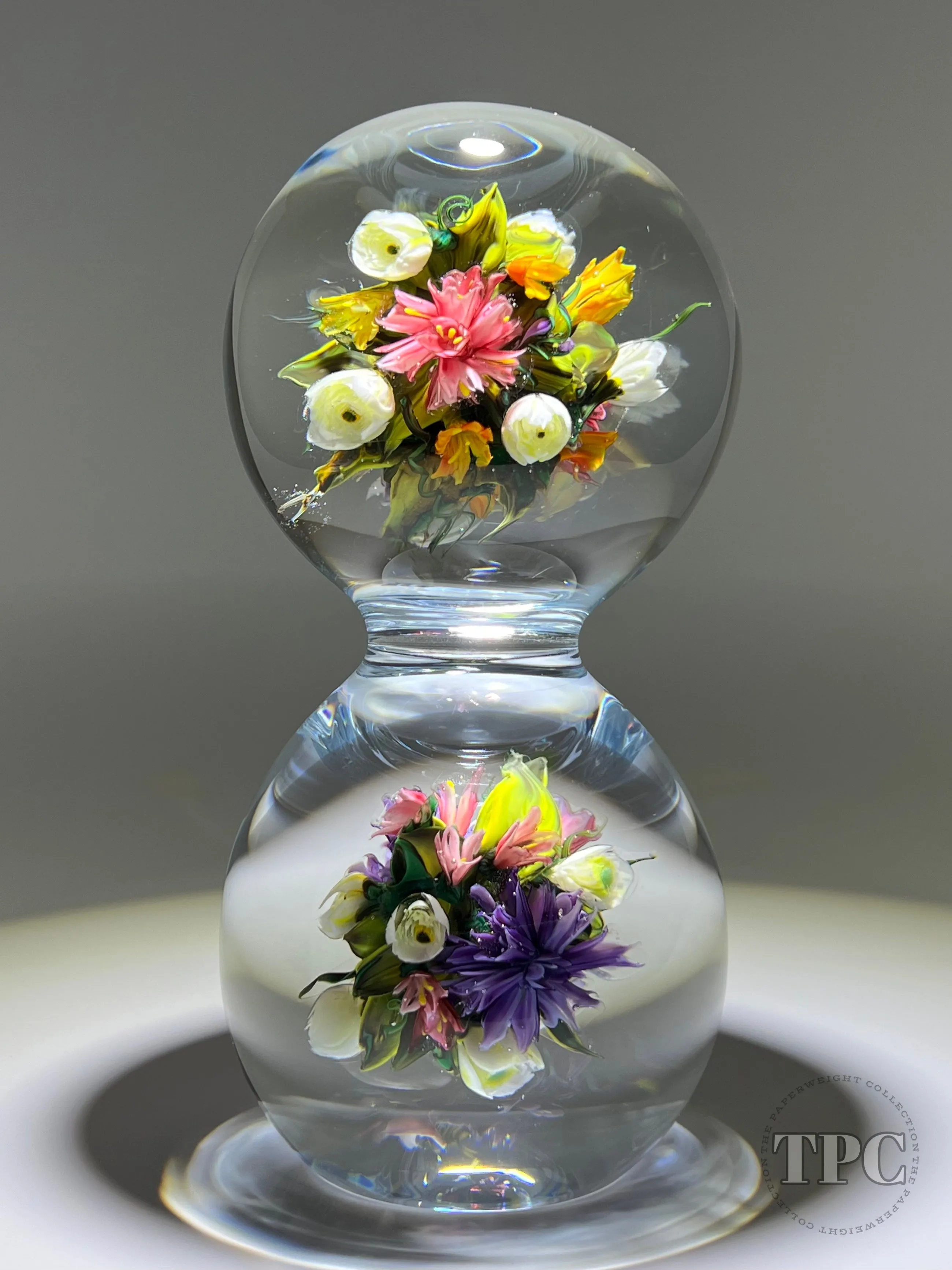 Melissa Ayotte Glass Art Sculpture Stacked Double Orb Hourglass with All Around Flamework Flowers