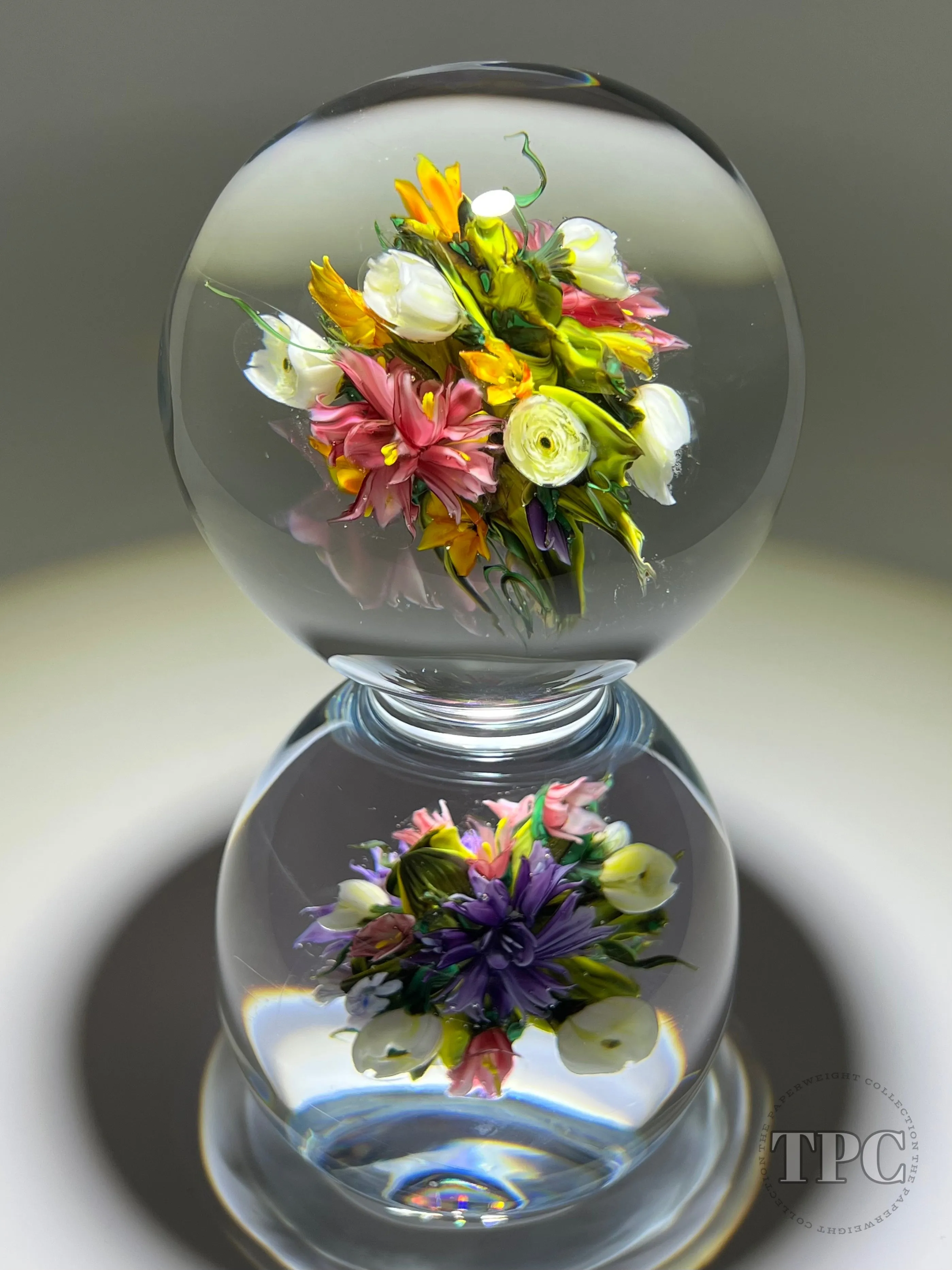 Melissa Ayotte Glass Art Sculpture Stacked Double Orb Hourglass with All Around Flamework Flowers