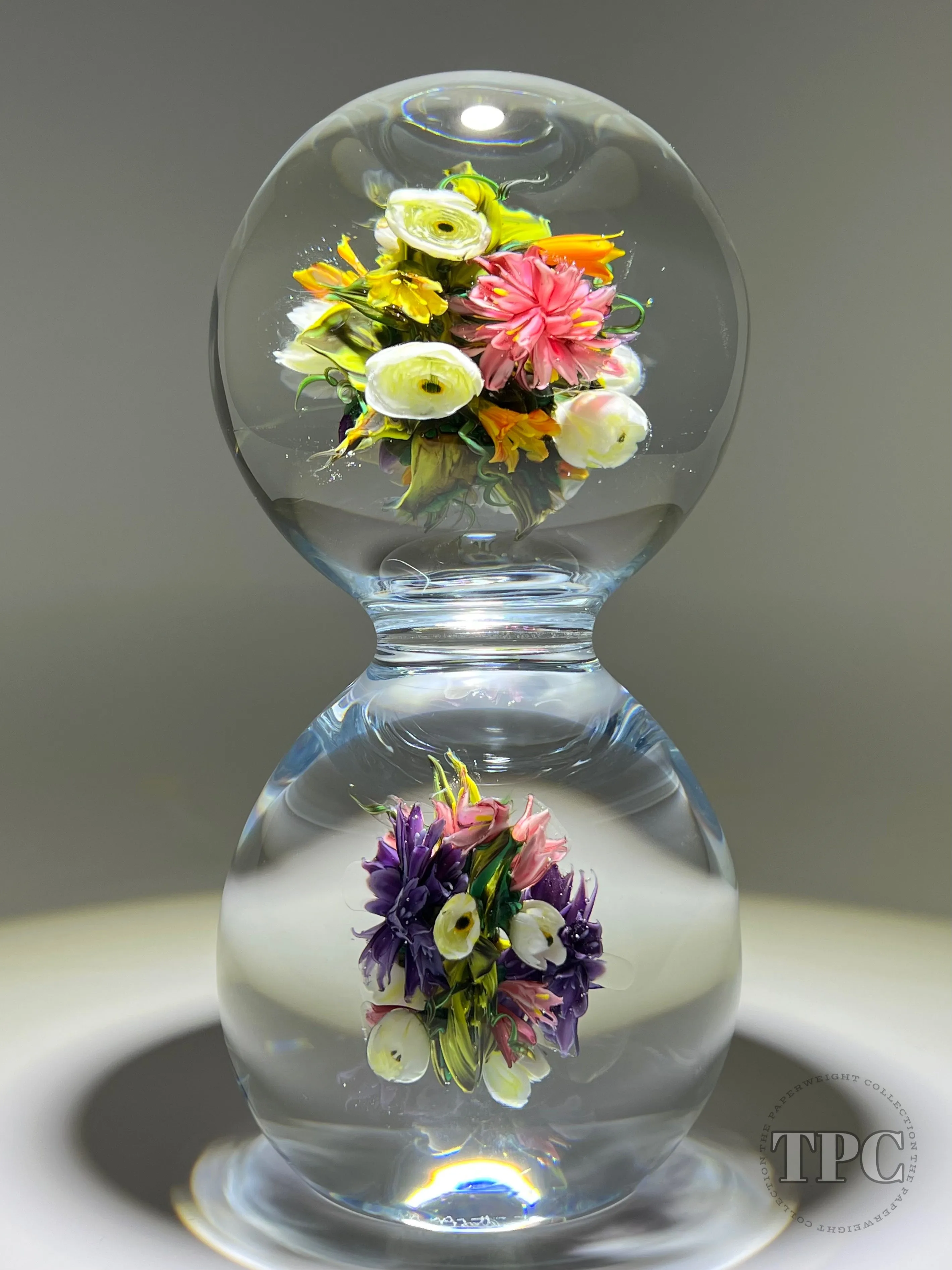 Melissa Ayotte Glass Art Sculpture Stacked Double Orb Hourglass with All Around Flamework Flowers