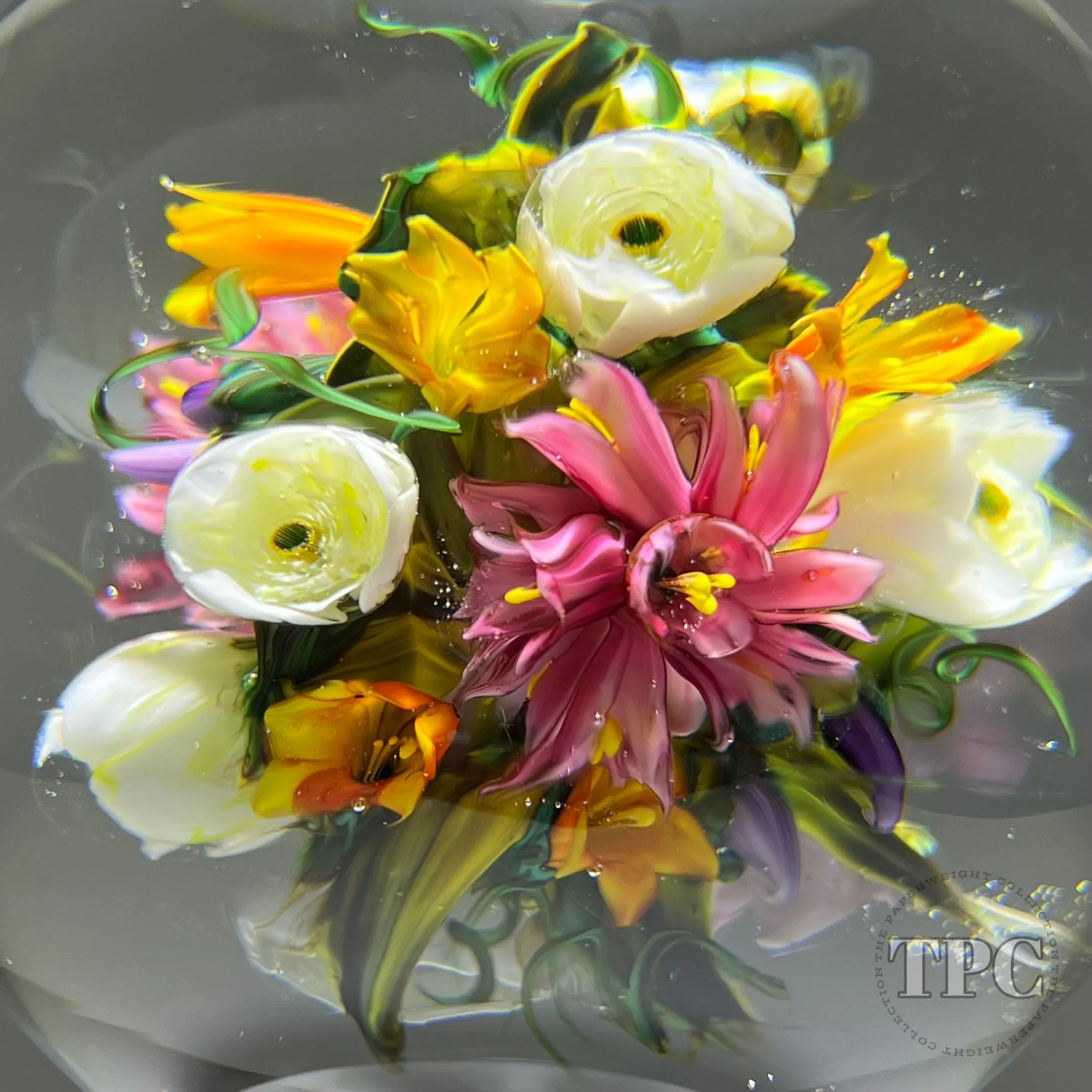 Melissa Ayotte Glass Art Sculpture Stacked Double Orb Hourglass with All Around Flamework Flowers