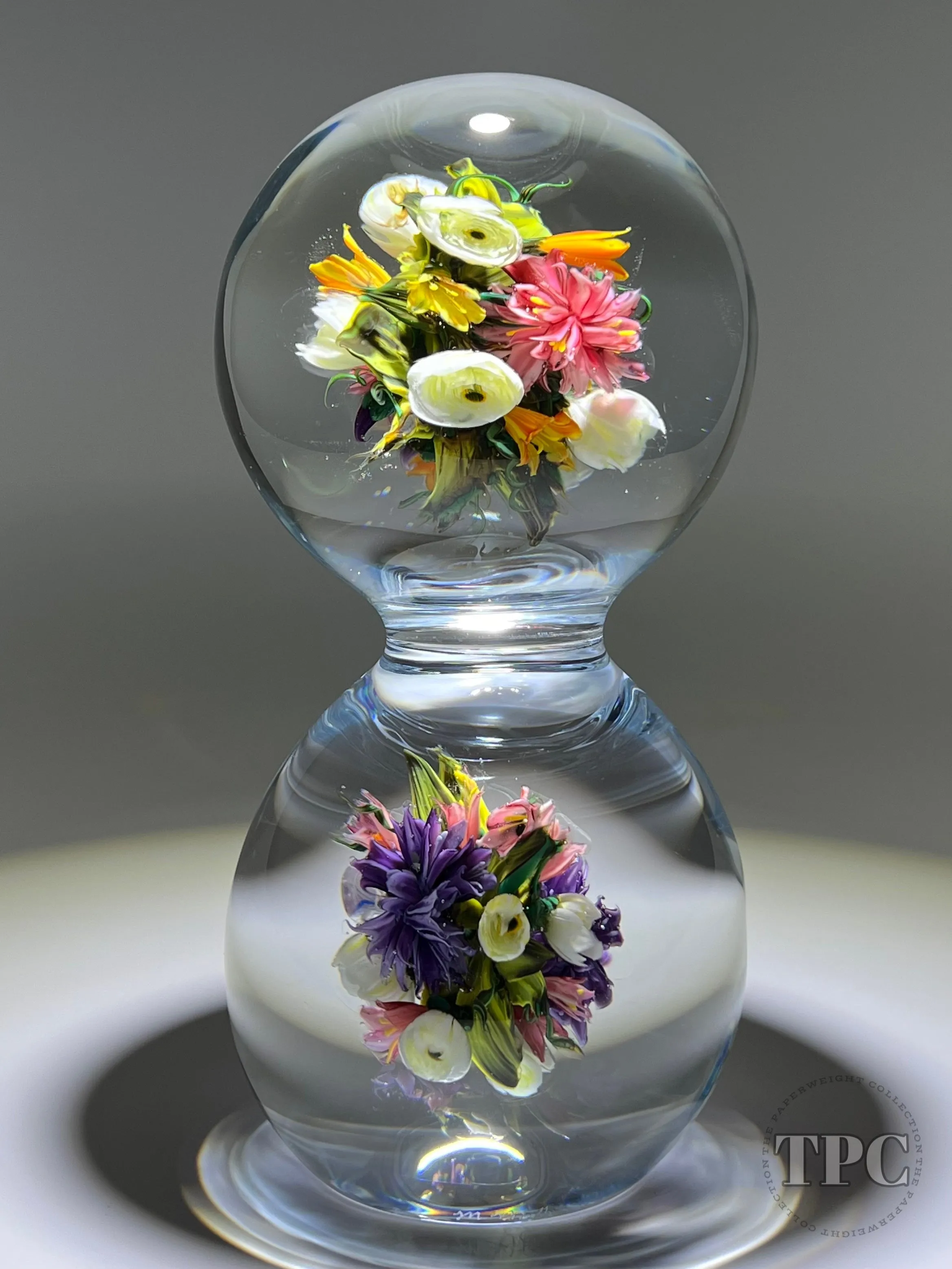 Melissa Ayotte Glass Art Sculpture Stacked Double Orb Hourglass with All Around Flamework Flowers