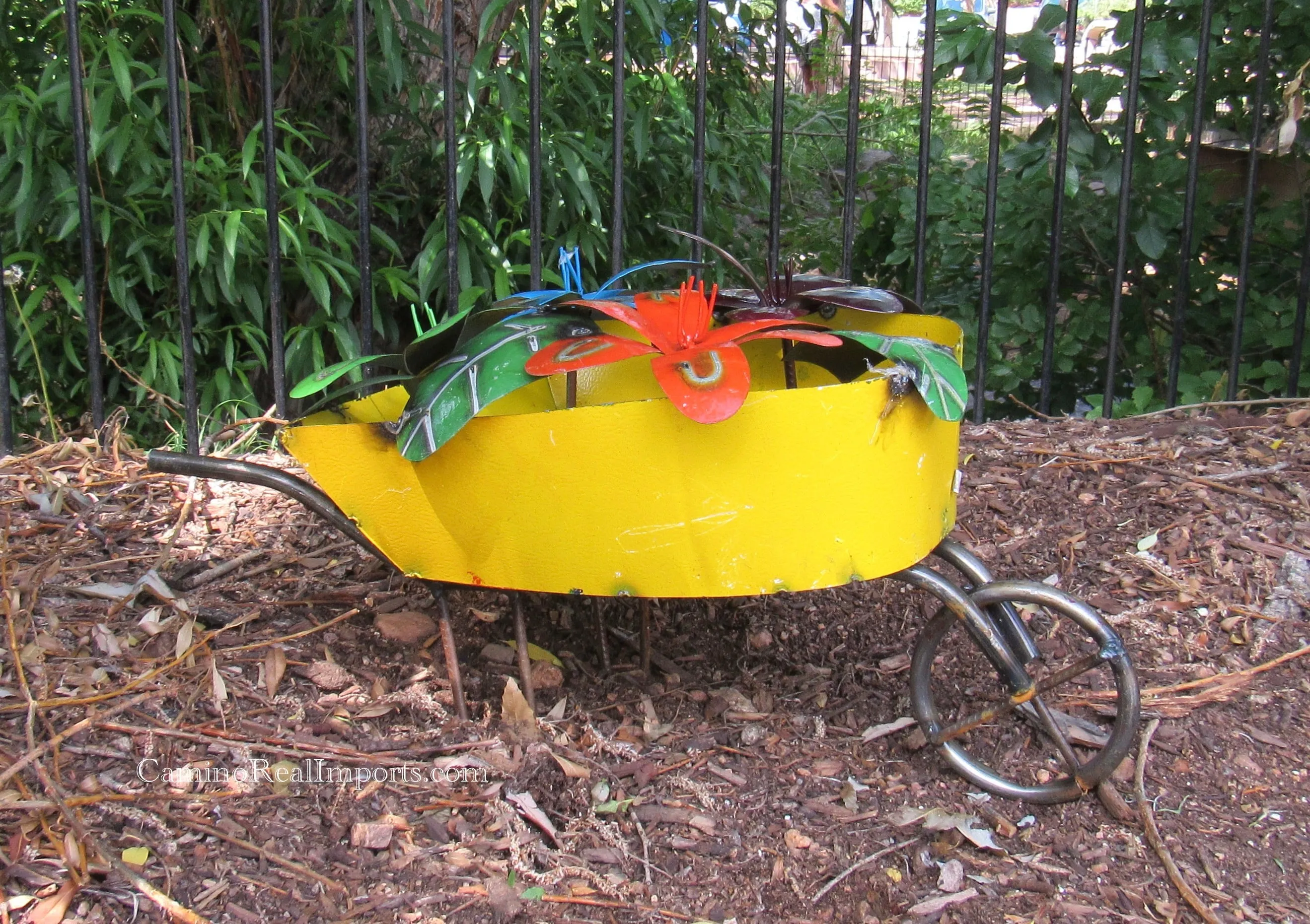 Metal Wheel Barrow With Flowers Sculpture 21" MWBG002