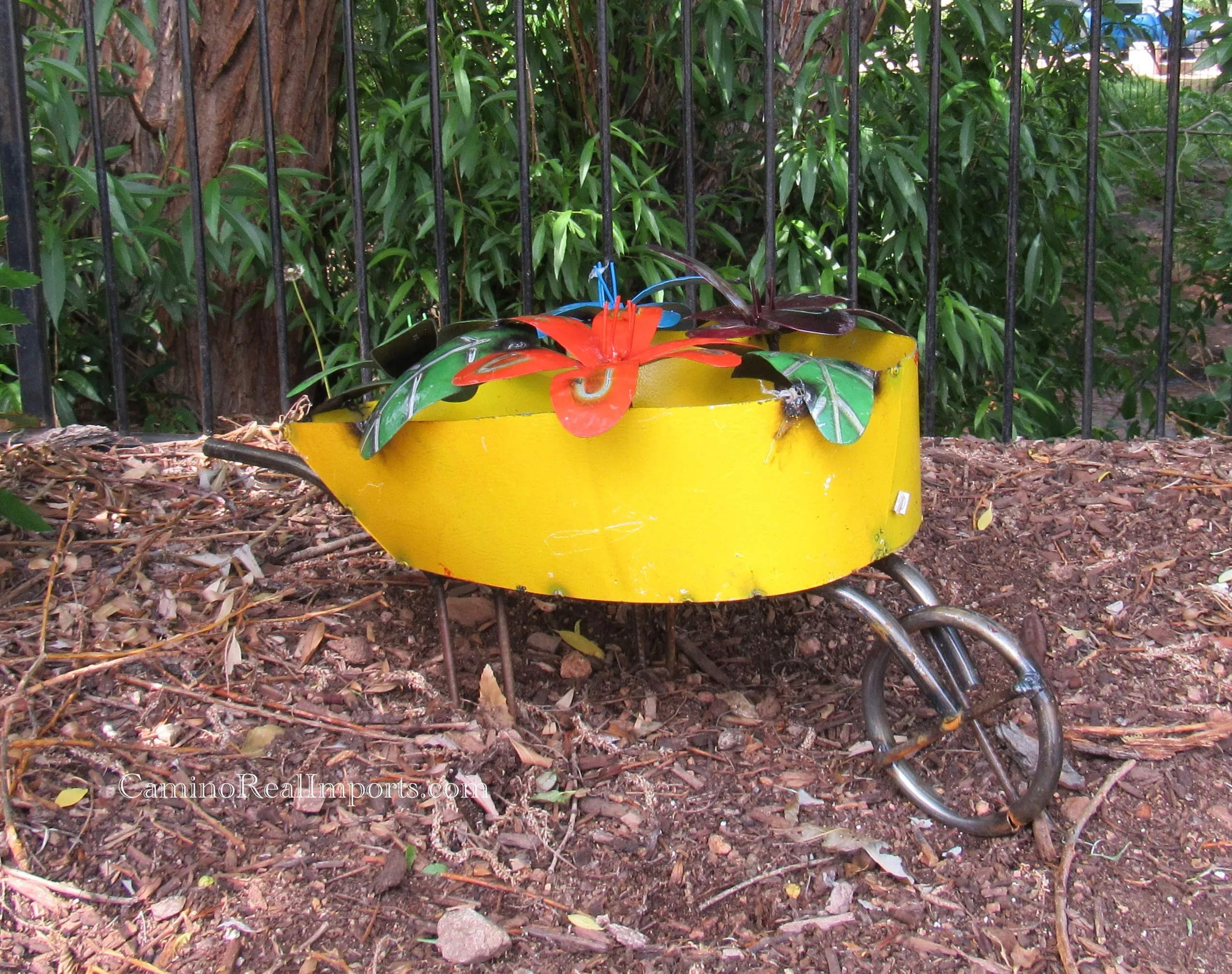 Metal Wheel Barrow With Flowers Sculpture 21" MWBG002
