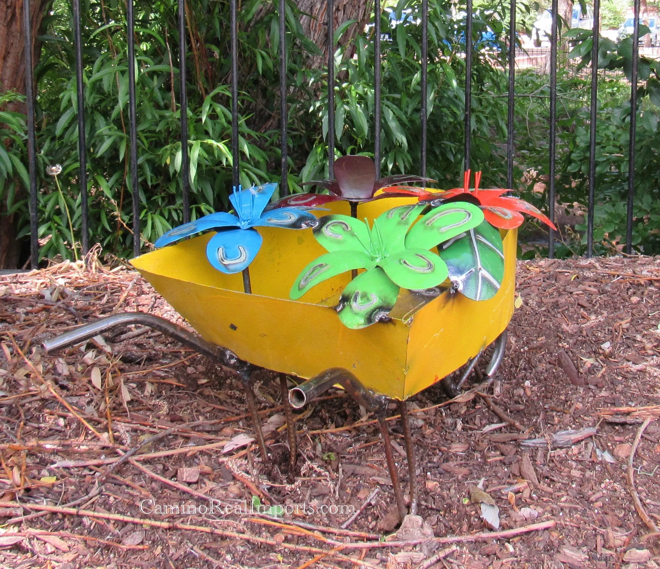 Metal Wheel Barrow With Flowers Sculpture 21" MWBG002