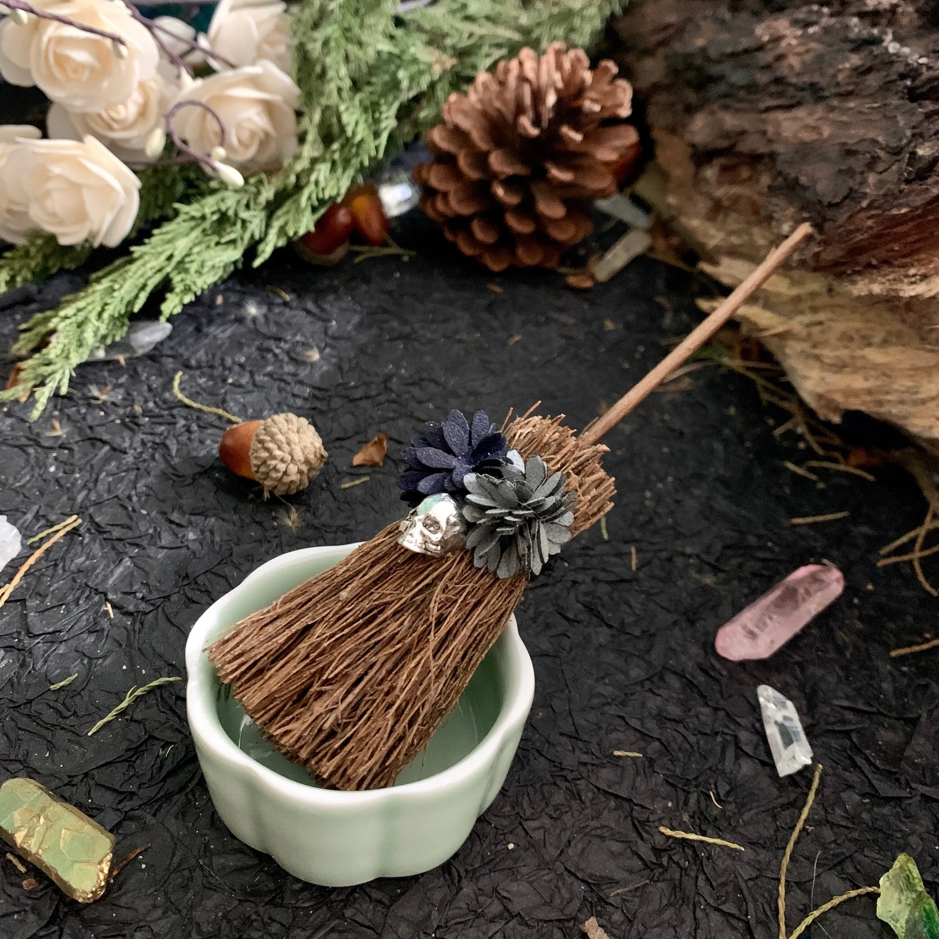 Mini Witch Broom Witchcraft accessories Wicca Altar Broom Necklace Demon Eye Skull Exorcism Car Table Cup decoration pendant