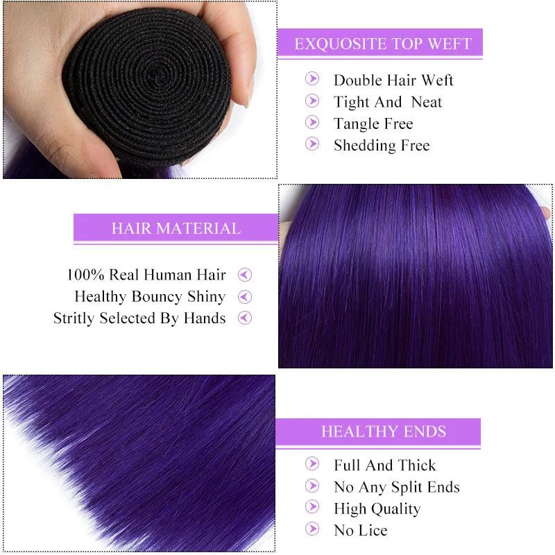 Modern Show Black Root Purple Hair Straight 4 Bundles With 4x4 Closure Brazilian Human Hair