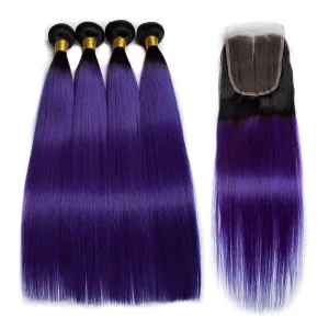 Modern Show Black Root Purple Hair Straight 4 Bundles With 4x4 Closure Brazilian Human Hair