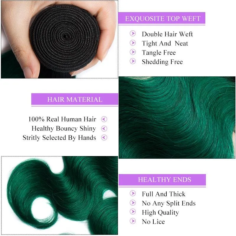 Modern Show Black Roots Green Brazilian Human Hair Body Wave 1 Bundle