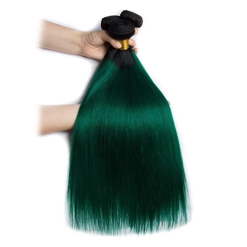 Modern Show Black Roots Green Hair Brazilian Straight Human Hair Weave 3 Bundles