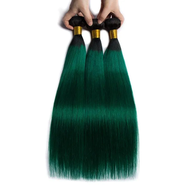 Modern Show Black Roots Green Hair Brazilian Straight Human Hair Weave 3 Bundles