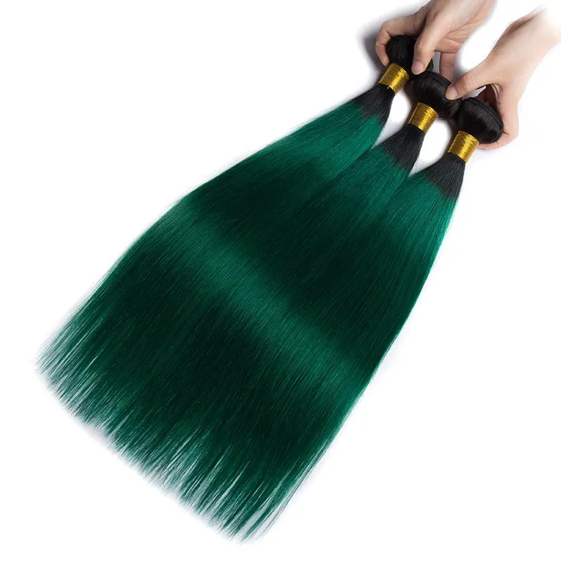 Modern Show Black Roots Green Hair Brazilian Straight Human Hair Weave 3 Bundles