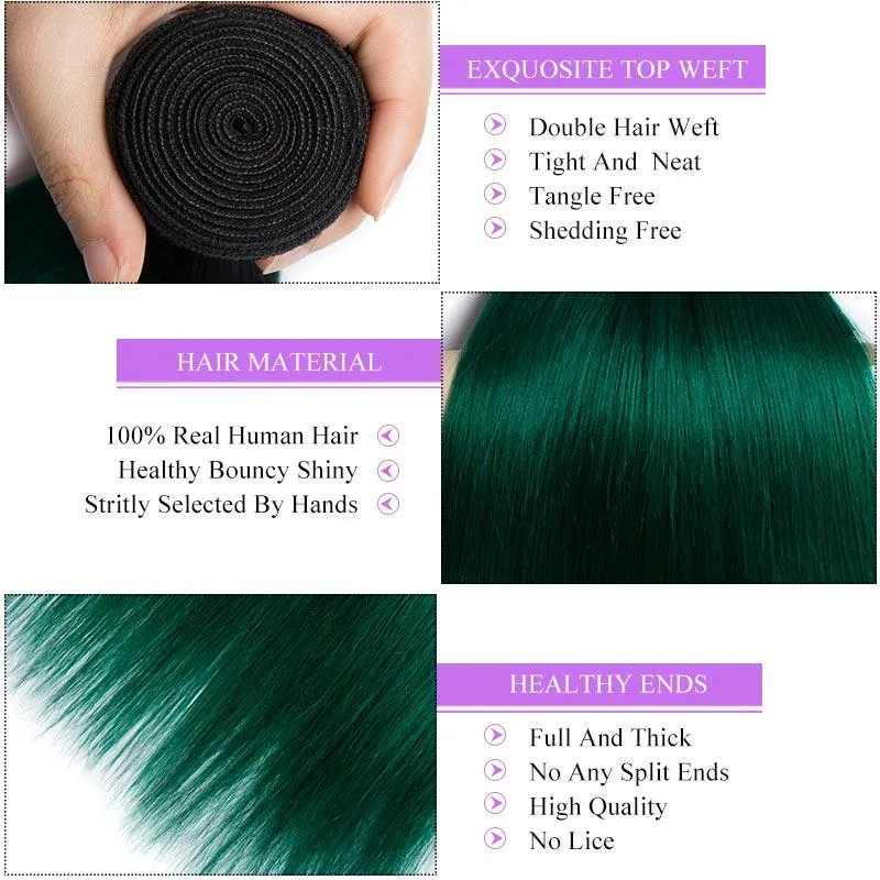 Modern Show Black Roots Green Hair Brazilian Straight Human Hair Weave 3 Bundles
