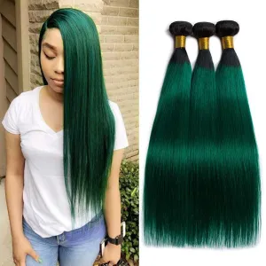 Modern Show Black Roots Green Hair Brazilian Straight Human Hair Weave 3 Bundles