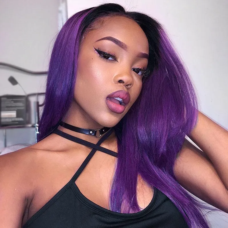 Modern Show Black Roots Purple Hair Straight Brazilian Human Hair Weave 1 Bundle