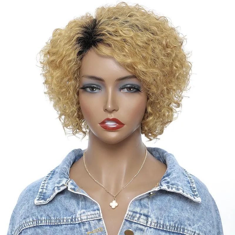Modern Show Brazilian Black Roots Light Brown Ombre Water Wave Human Hair Glueless Wigs