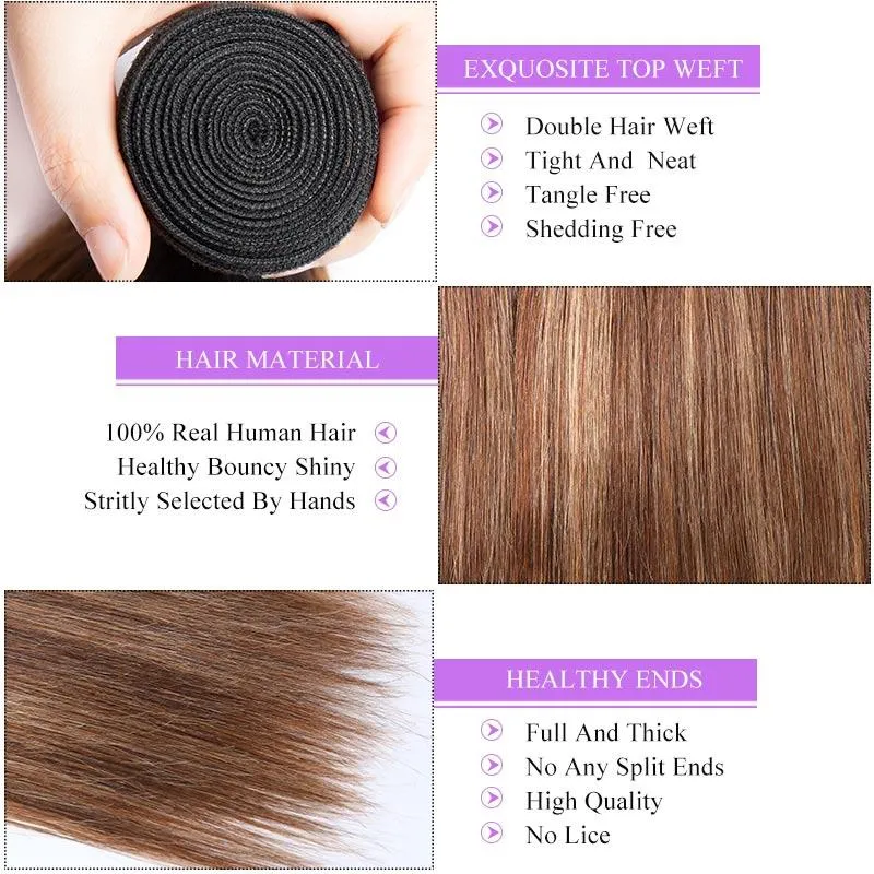 Modern Show Brown Hair With Strawberry Blonde Highlights Hair Straight Brazilian Human Hair Weave 1 Bundle