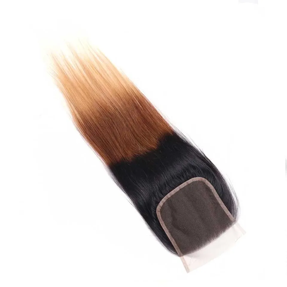 Ombre 1b/4/27 Straight 3 Bundles with 4X4 lace Closure 100% Real Human Hair
