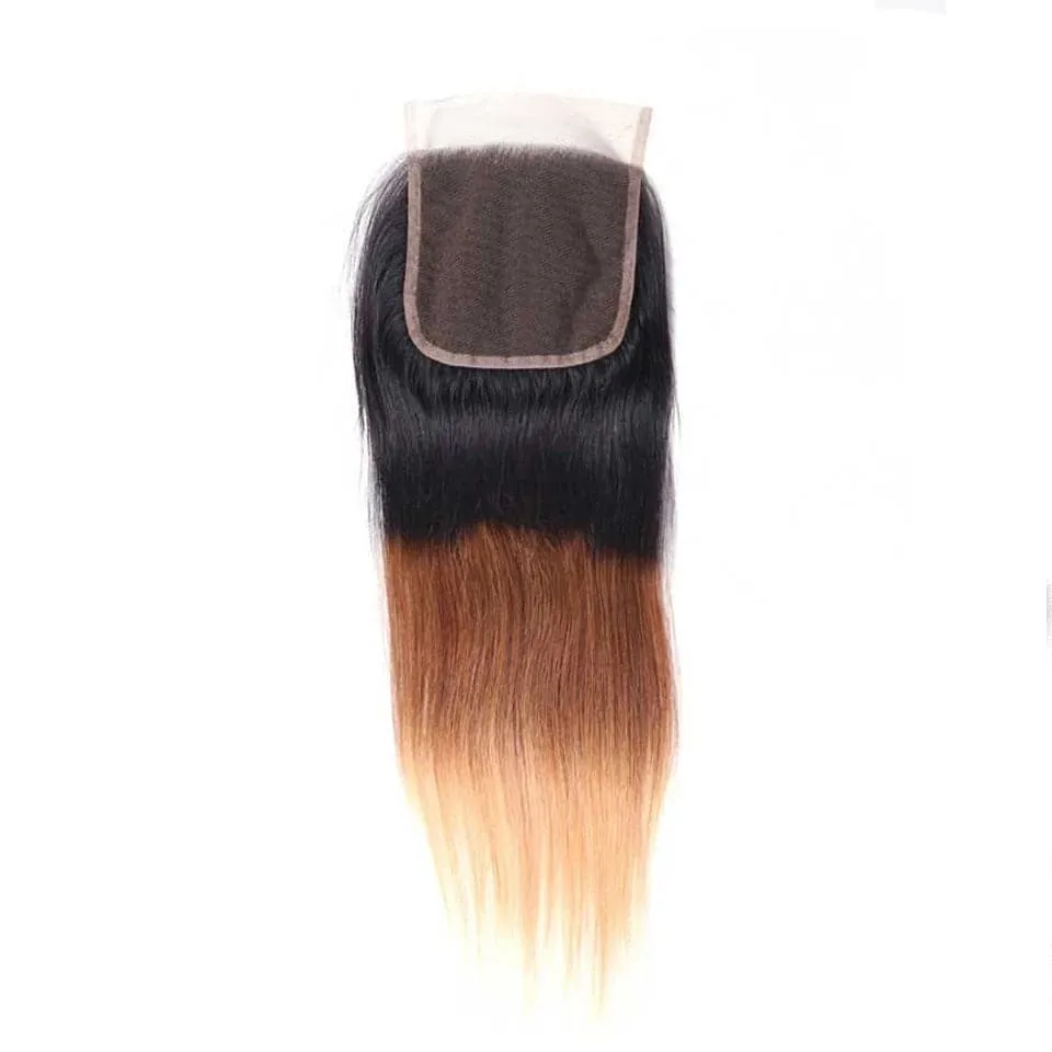 Ombre 1b/4/27 Straight 3 Bundles with 4X4 lace Closure 100% Real Human Hair