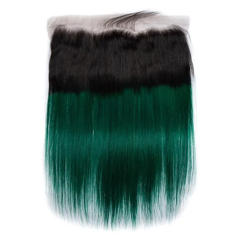 Ombre Dark Green 3 Human Hair Weave Bundles and Frontal with Black Roots