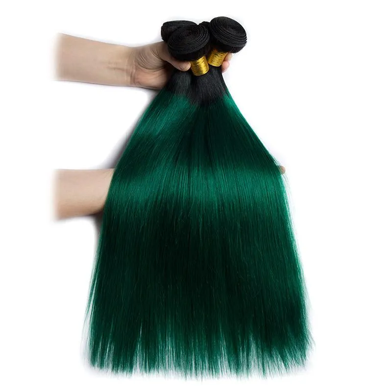 Ombre Dark Green 3 Human Hair Weave Bundles and Frontal with Black Roots