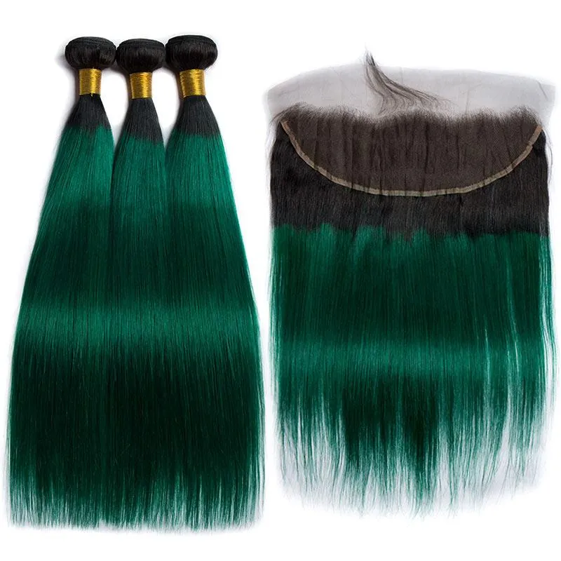 Ombre Dark Green 3 Human Hair Weave Bundles and Frontal with Black Roots