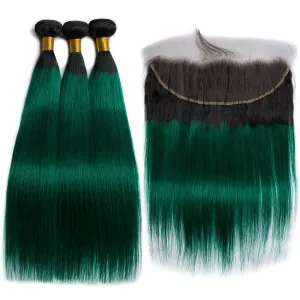 Ombre Dark Green 3 Human Hair Weave Bundles and Frontal with Black Roots
