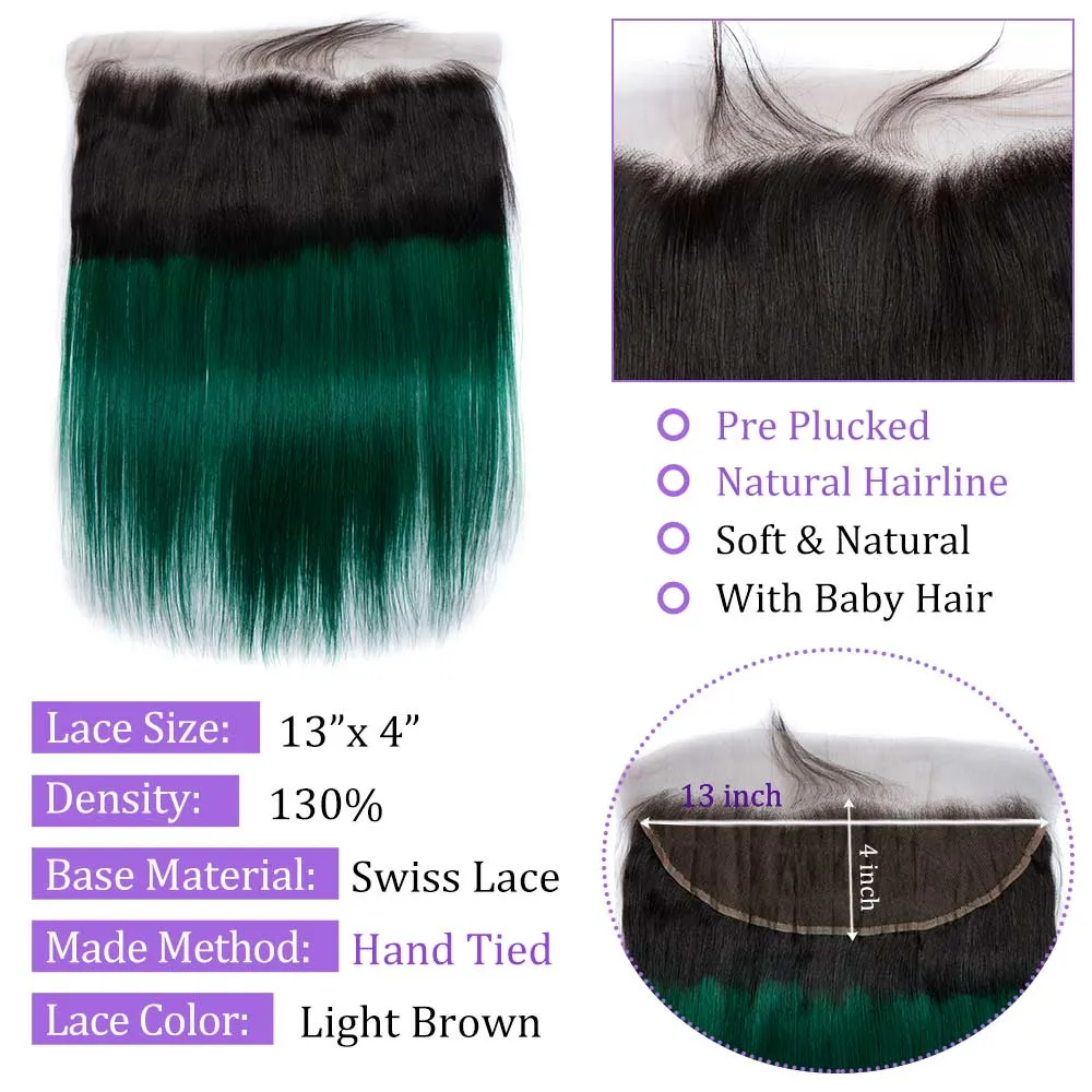 Ombre Dark Green 3 Human Hair Weave Bundles and Frontal with Black Roots
