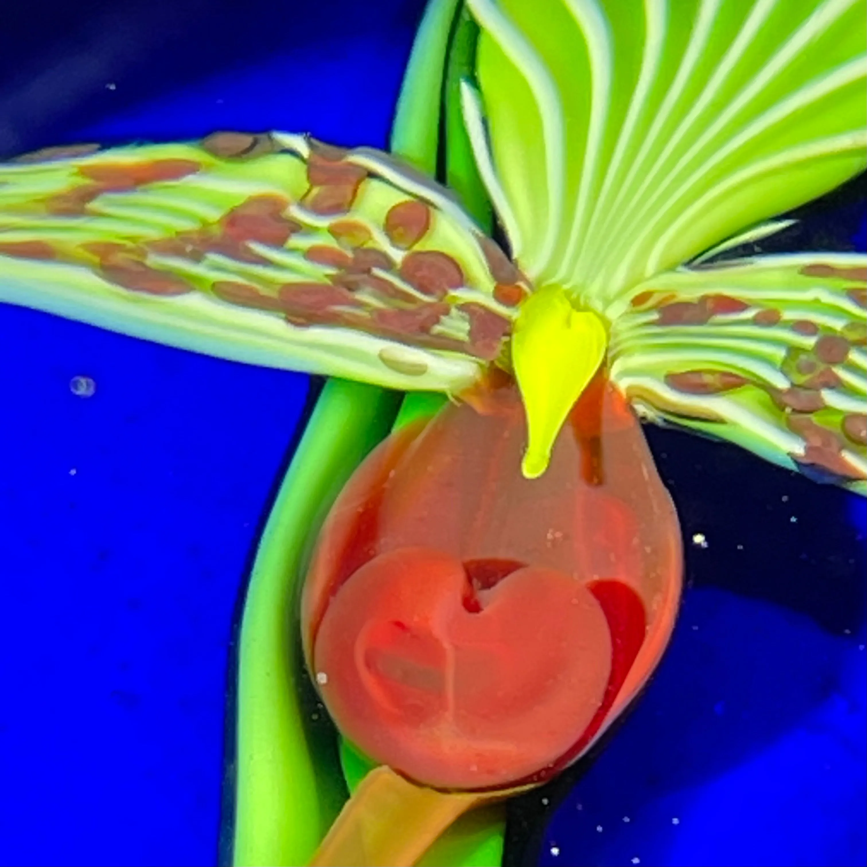 Orient & Flume 1985 Torchwork Lady Slipper Orchid on Blue Ground