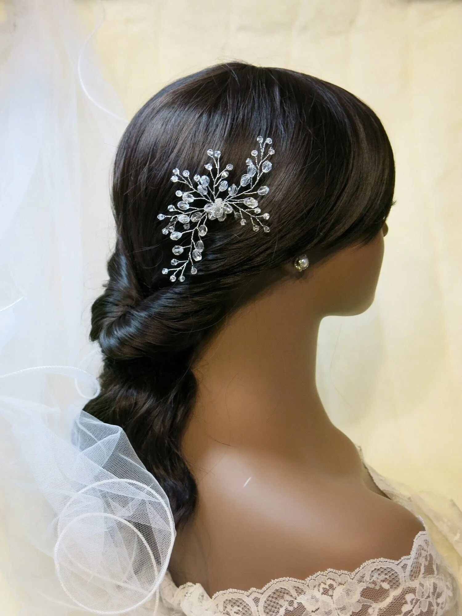 Oversized Bridal Crystal Bead Wire Hairpin, Wedding Crystal Floral Branch Hairpiece, Large Flower Hairpin