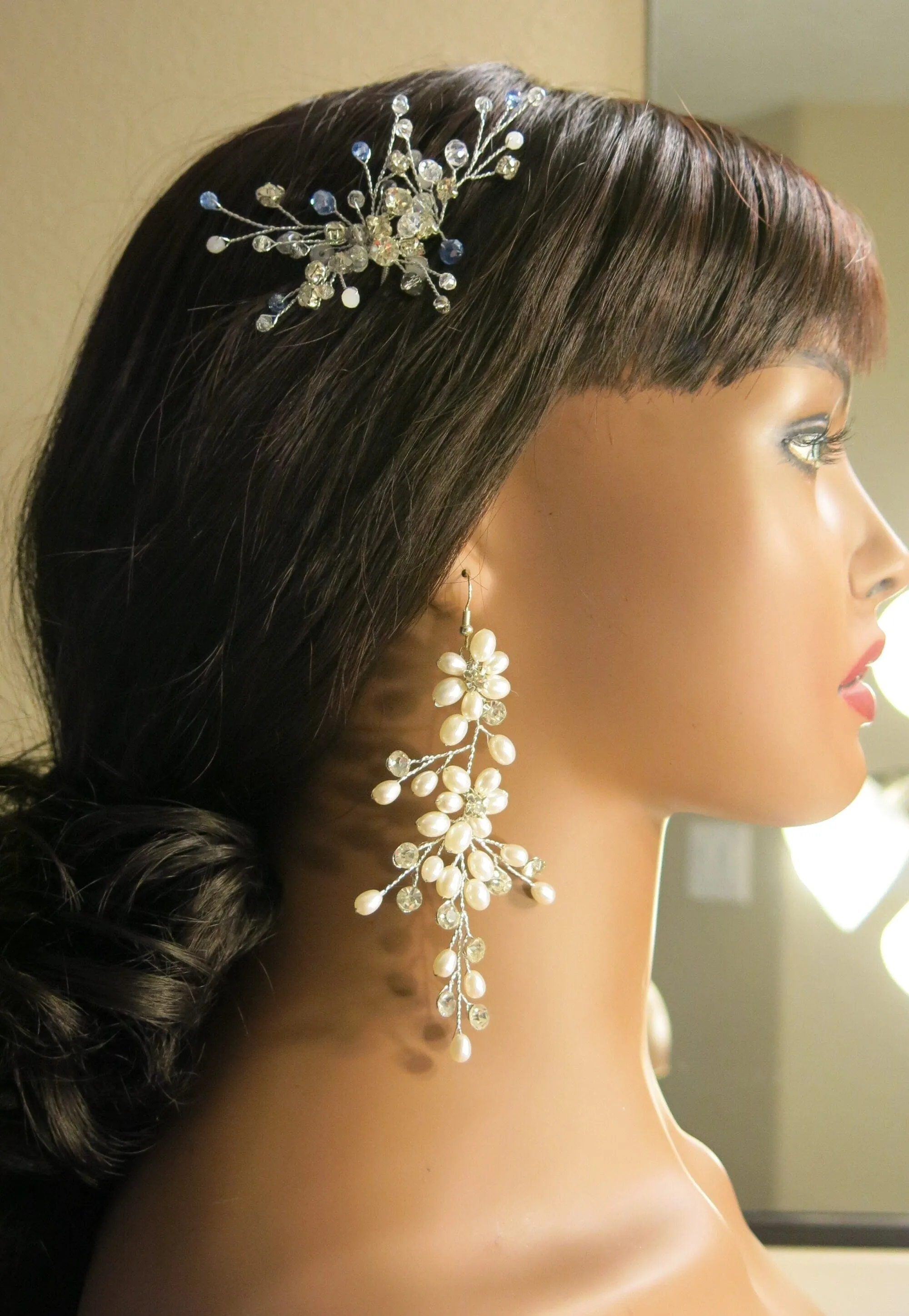 Oversized Bridal Crystal Bead Wire Hairpin, Wedding Crystal Floral Branch Hairpiece, Large Flower Hairpin
