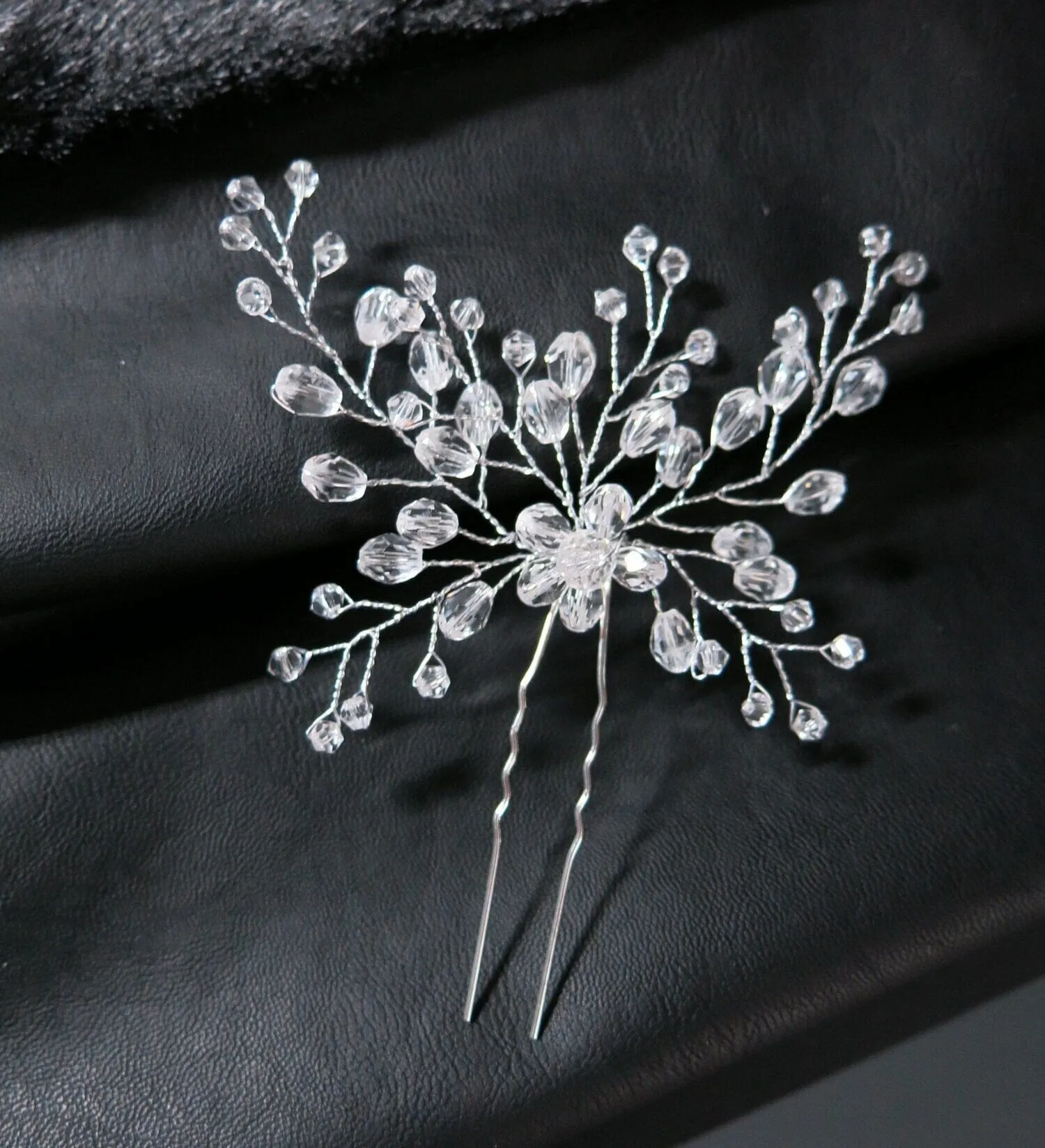 Oversized Bridal Crystal Bead Wire Hairpin, Wedding Crystal Floral Branch Hairpiece, Large Flower Hairpin