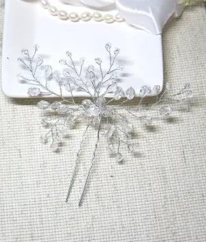 Oversized Bridal Crystal Bead Wire Hairpin, Wedding Crystal Floral Branch Hairpiece, Large Flower Hairpin