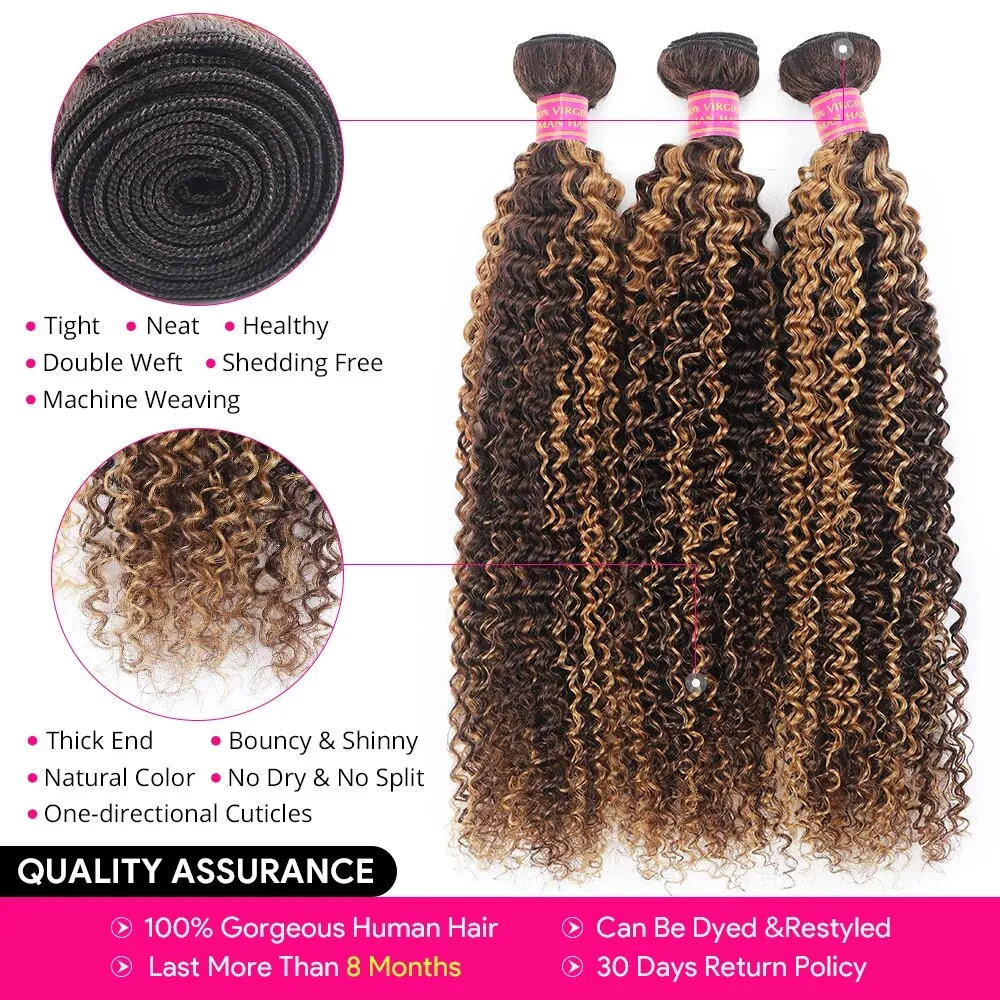 P4/27 Highlight Kinky Curly 3 Bundles With 4X4 Lace Closure 100% Human Hair