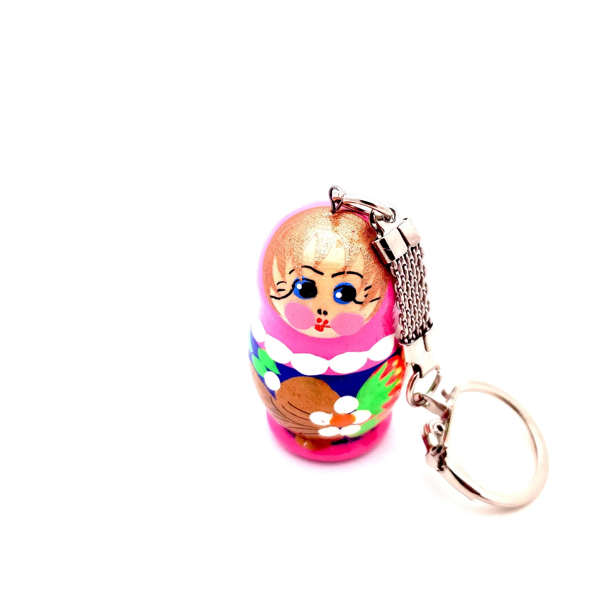 Pink Blue Nesting Doll Keychain with Strawberry