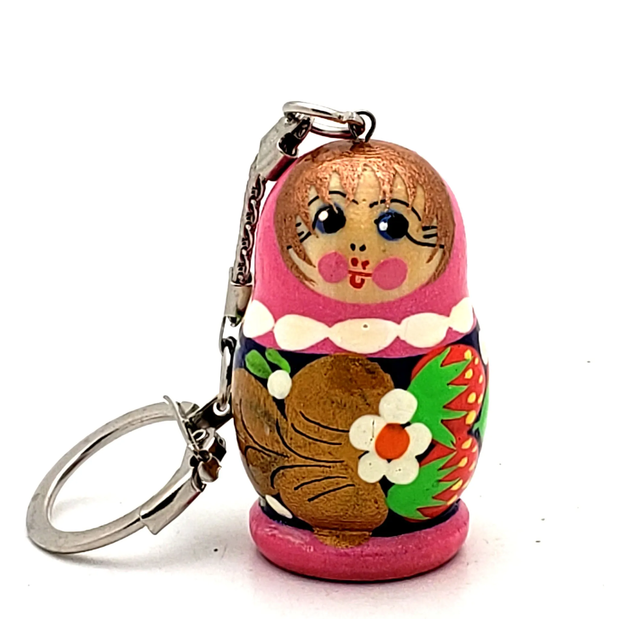 Pink Blue Nesting Doll Keychain with Strawberry