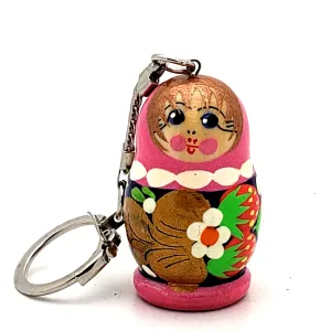 Pink Blue Nesting Doll Keychain with Strawberry