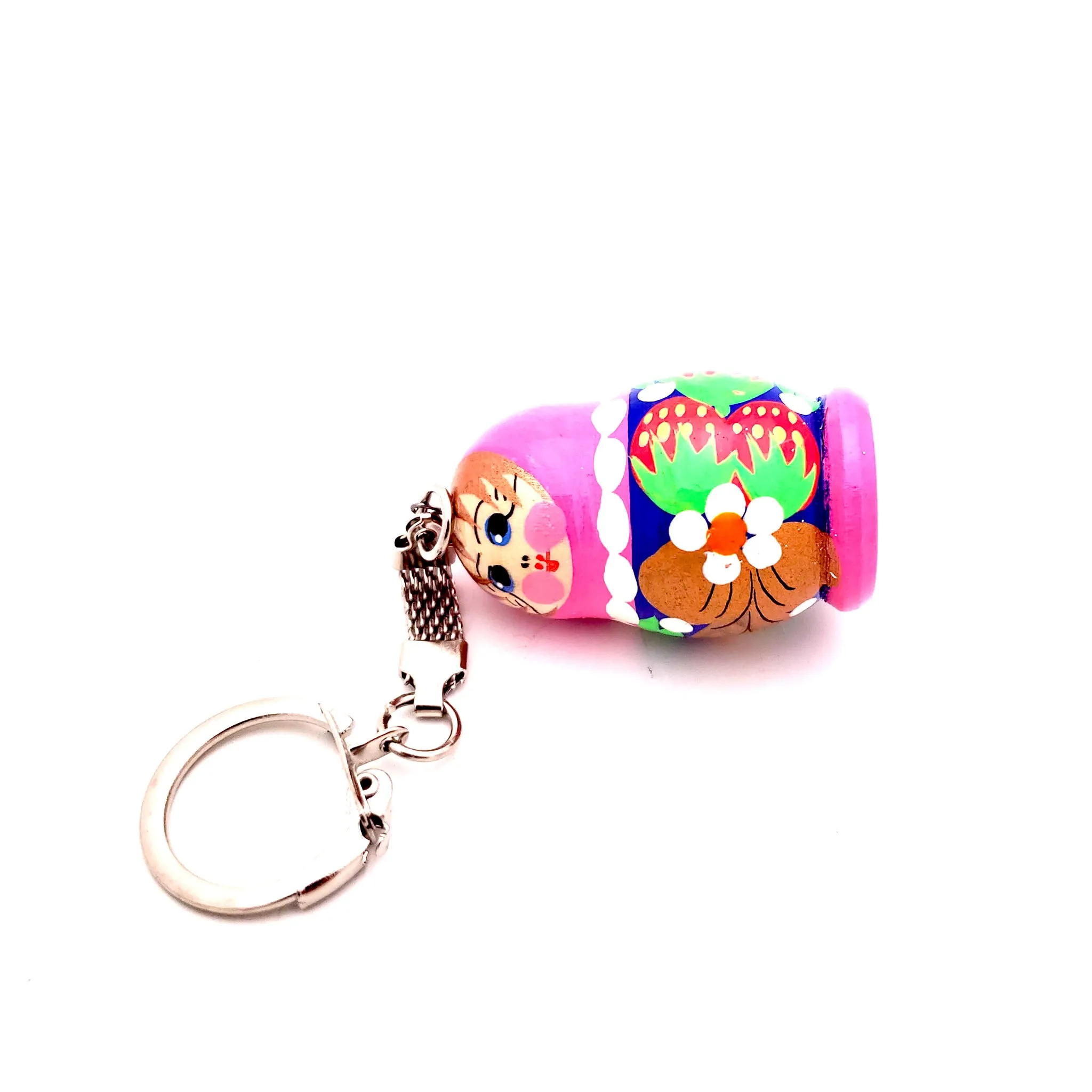 Pink Blue Nesting Doll Keychain with Strawberry