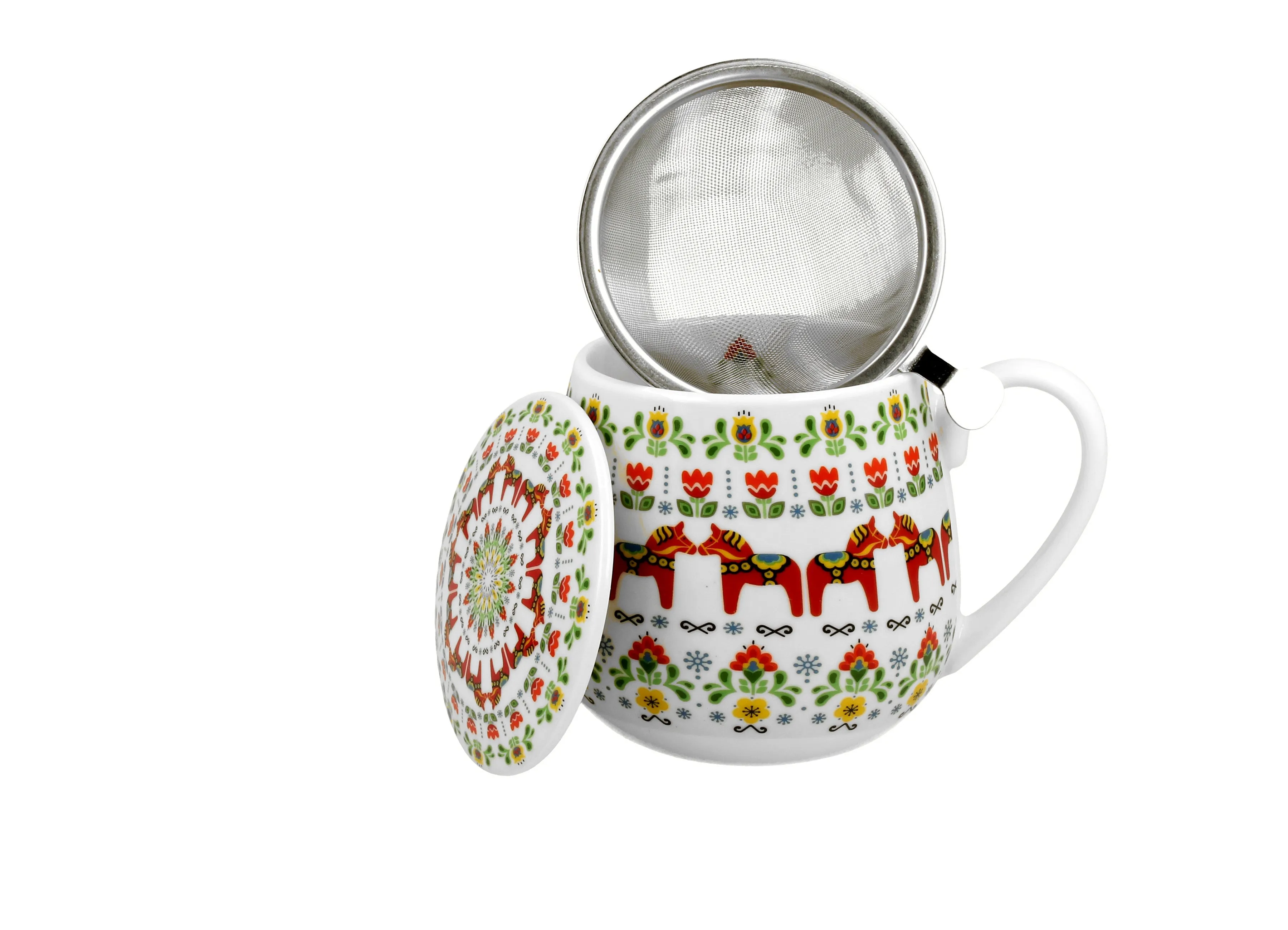Polish Folk Art Porcelain Barrel Mug with Tea Infuser & Lid, 430ml - Scandinavian Horses